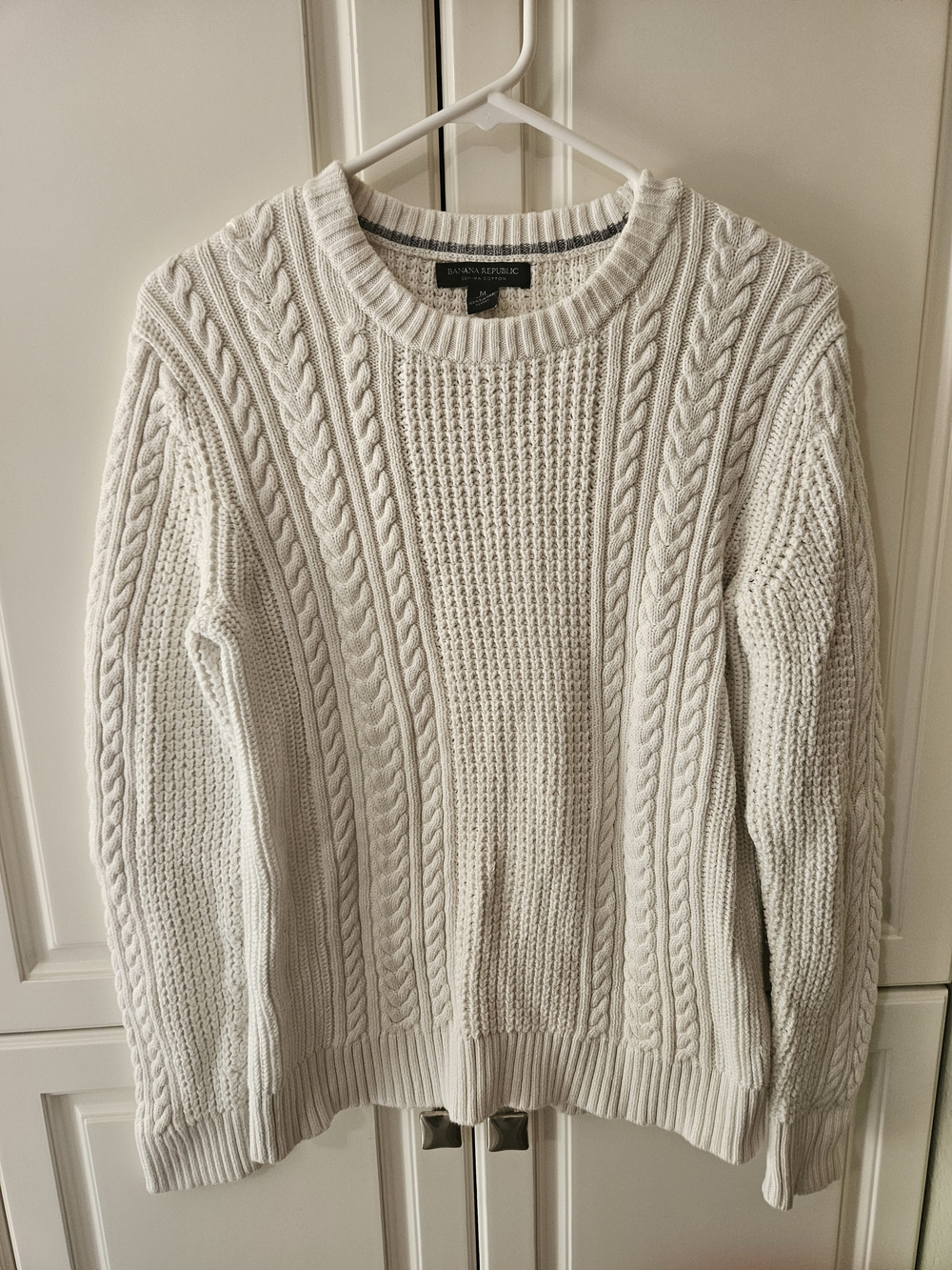 Banana Republic 100% Supima Cotton White Chunky Cable Knit Sweater Cottagecore
